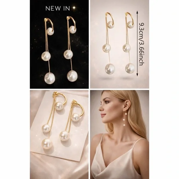 Gold Tone 2 Piece Triple Faux Pearl Elegant Earrings - Picture 3 of 4